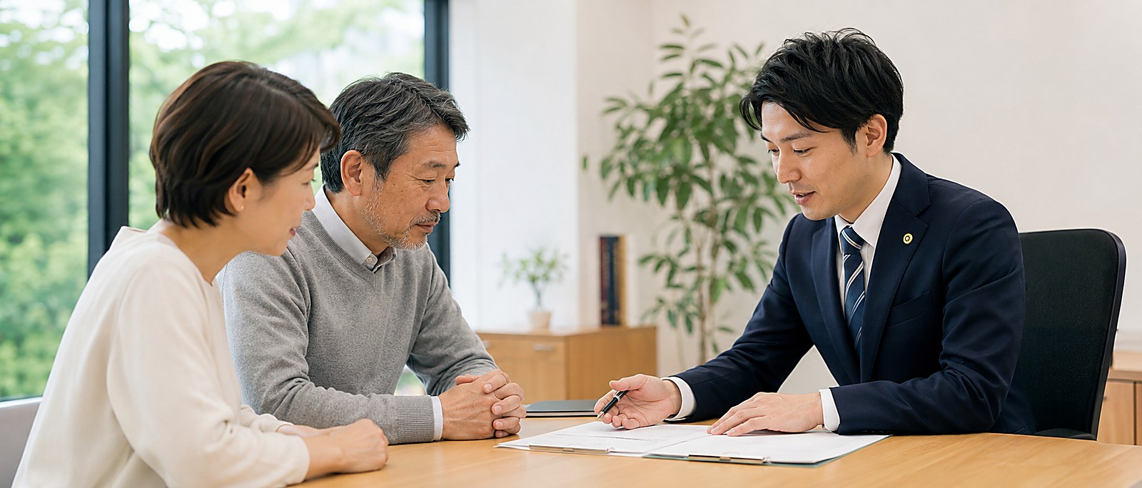 応接室において、弁護士がご夫婦に資料を示しながら説明している場面