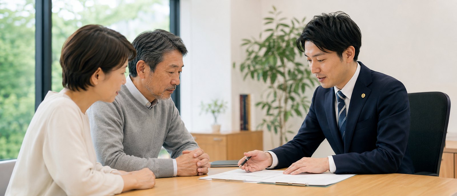 弁護士がご相談者及びご家族と面談し、書面を確認している場面