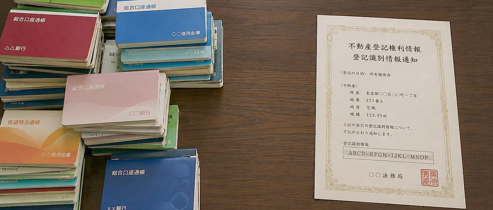 預金通帳の束と、不動産登記権利情報（登記識別情報通知）