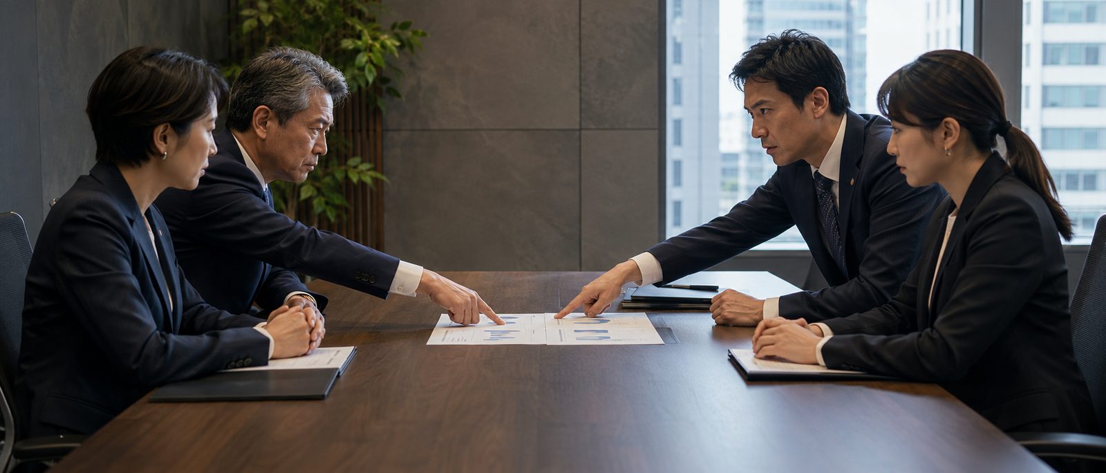 会議室において共有持分買取業者と対峙し、交渉に臨む場面
